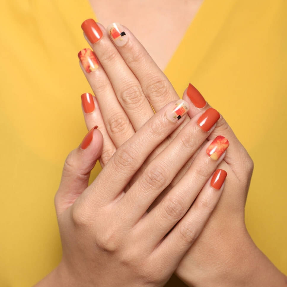 Lick Artificial Nails Set Glossy Orange Crimson Red With White Graphic Prints (Pack of 12)     			Lick Artificial Nails Set Glossy Orange Crimson Red With White Graphic Prints (Pack of 12)