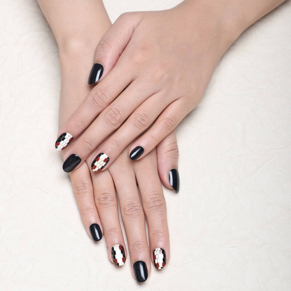     			Lick Artificial Nails Set Glossy Black Almond Shaped Jet Black And White With Golden Line (Pack of 12)