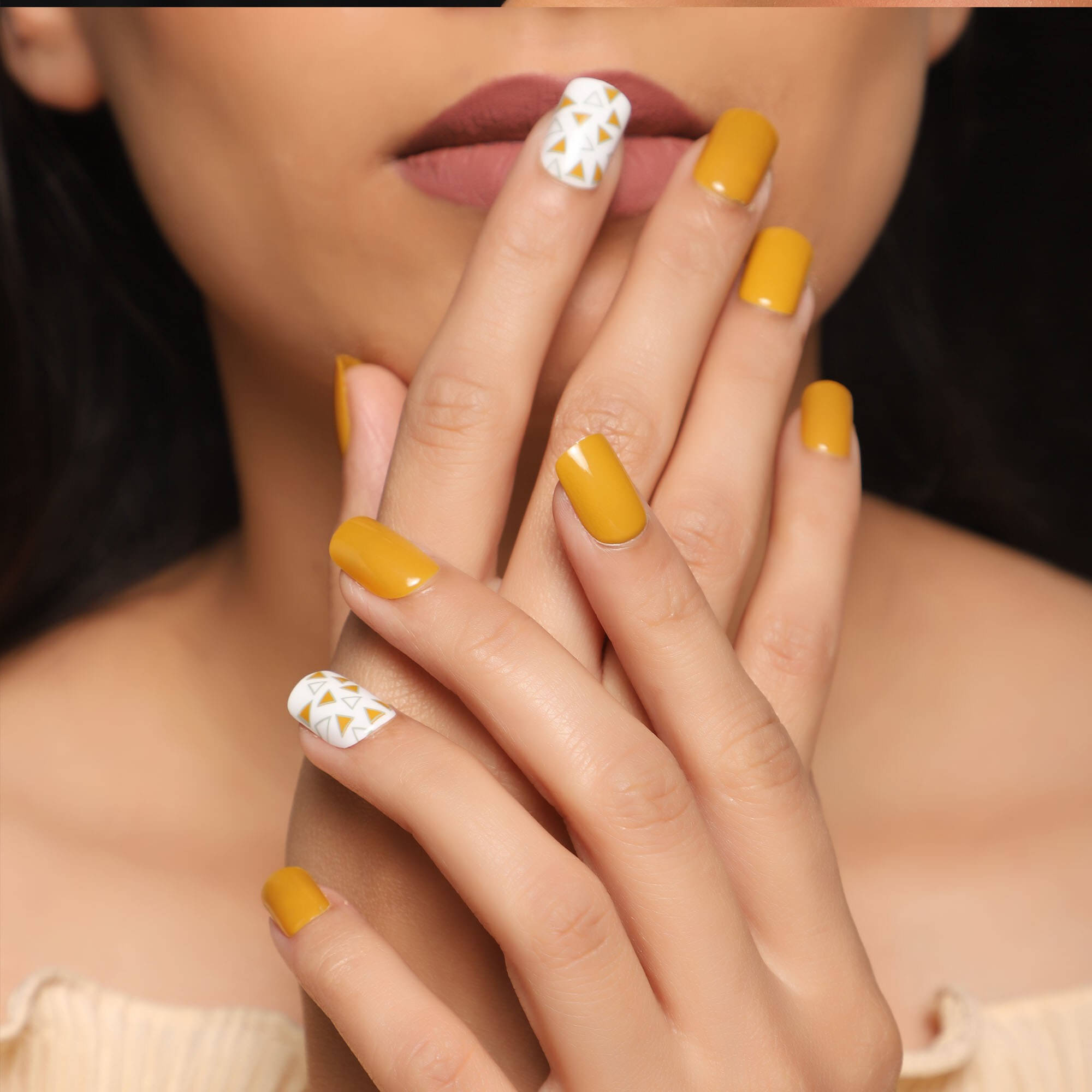 Lick Artificial Nails Set Glossy Yellow Square Shape Burnt Yellow Ombre With Printed White Base (Pack of 12)     			Lick Artificial Nails Set Glossy Yellow Square Shape Burnt Yellow Ombre With Printed White Base (Pack of 12)