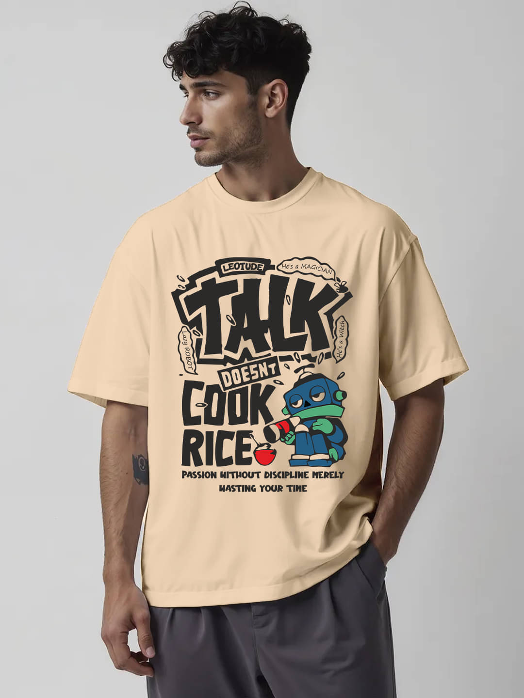     			Leotude Men Cotton Blend Regular Fit Printed T-Shirt ( Beige )