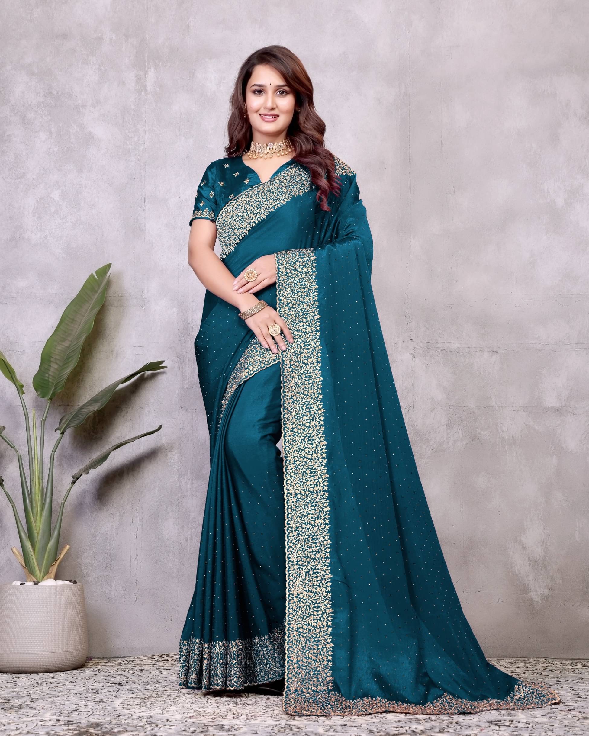     			MAYRAAFASHION Georgette Embroidered Saree With Unstitched Blouse Piece ( Teal )
