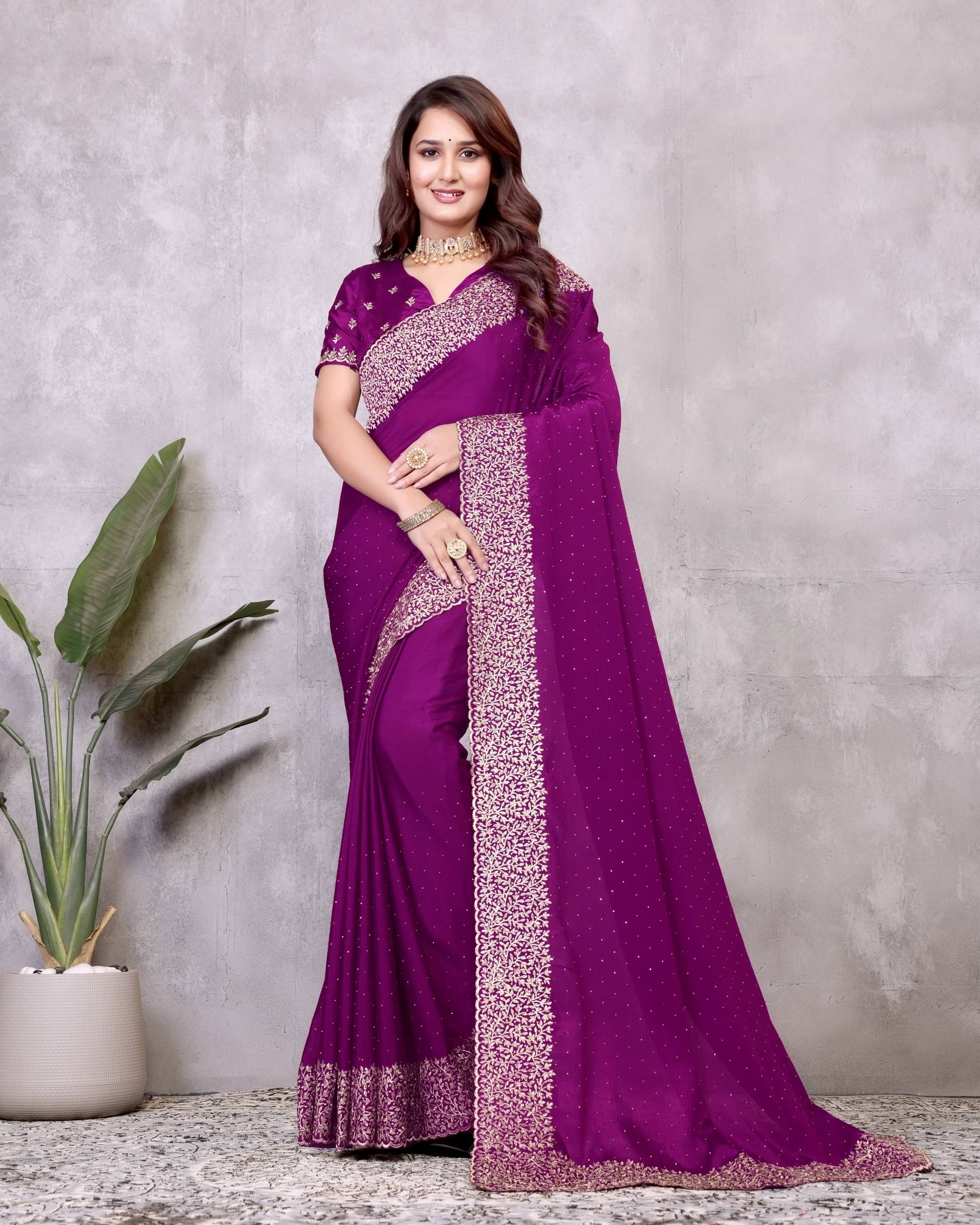     			MAYRAAFASHION Georgette Embroidered Saree With Unstitched Blouse Piece ( Purple )