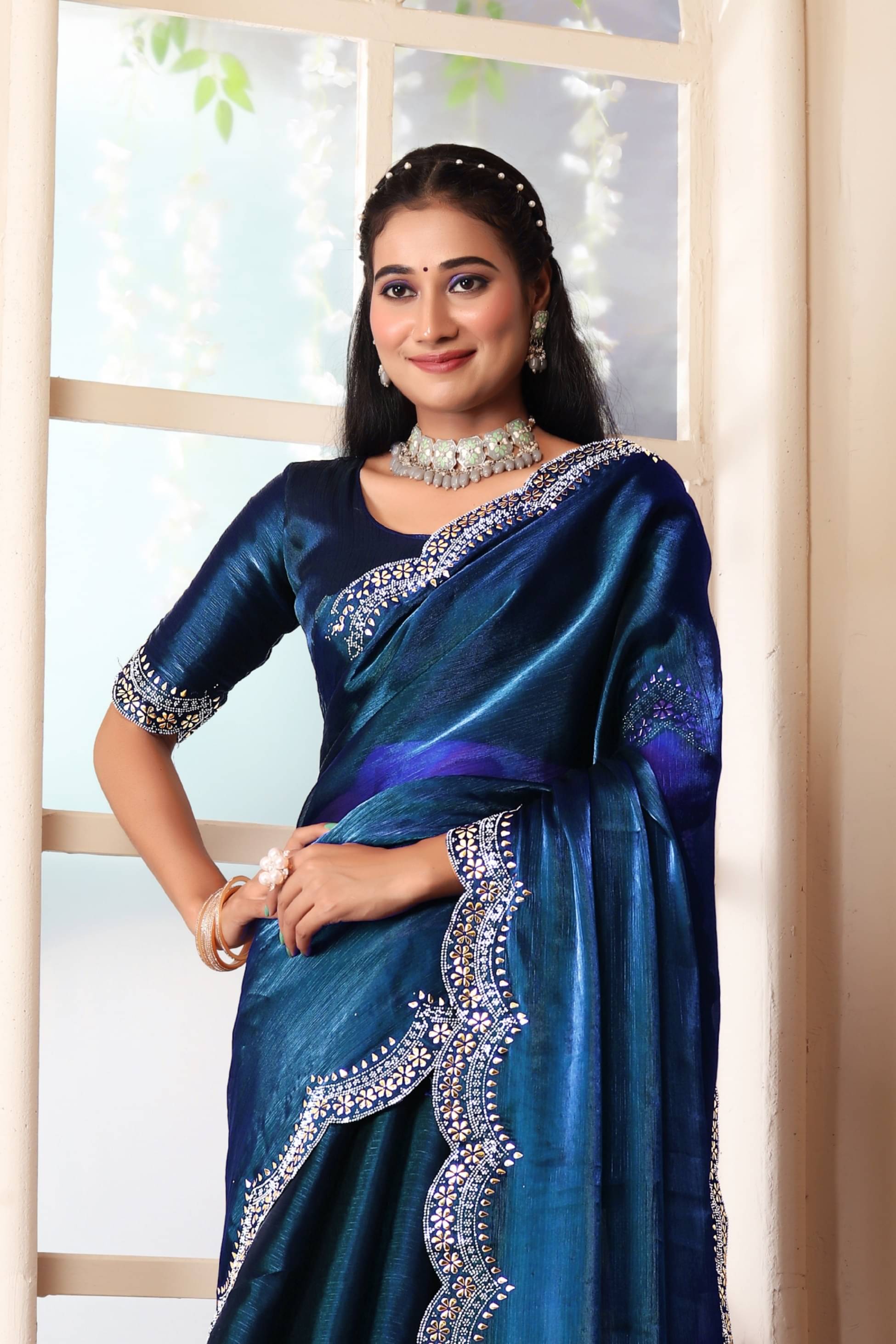 MAYRAAFASHION Zimmy Choo Embellished Saree With Unstitched Blouse Piece ( Blue ) MAYRAAFASHION Zimmy Choo Embellished Saree With Unstitched Blouse Piece ( Blue )
