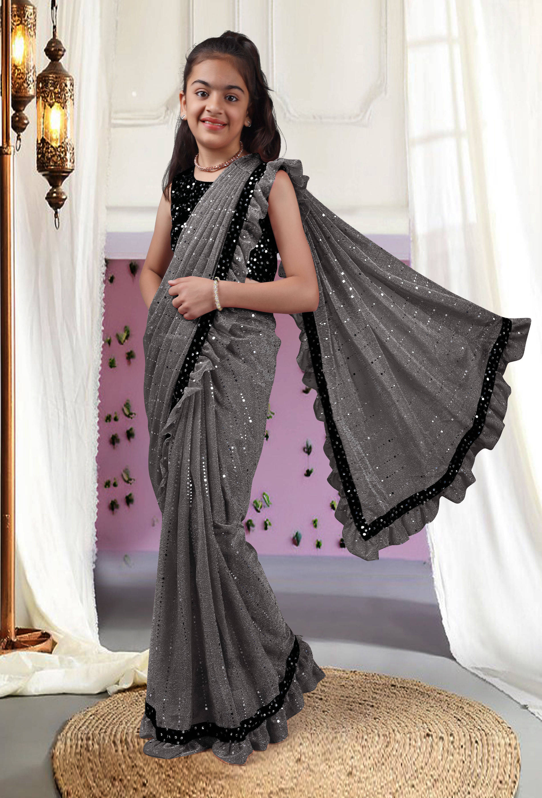     			Nilkanthvarni Creation Silk Ready To Wear Saree For Girls ( Grey , Pack of 1 )