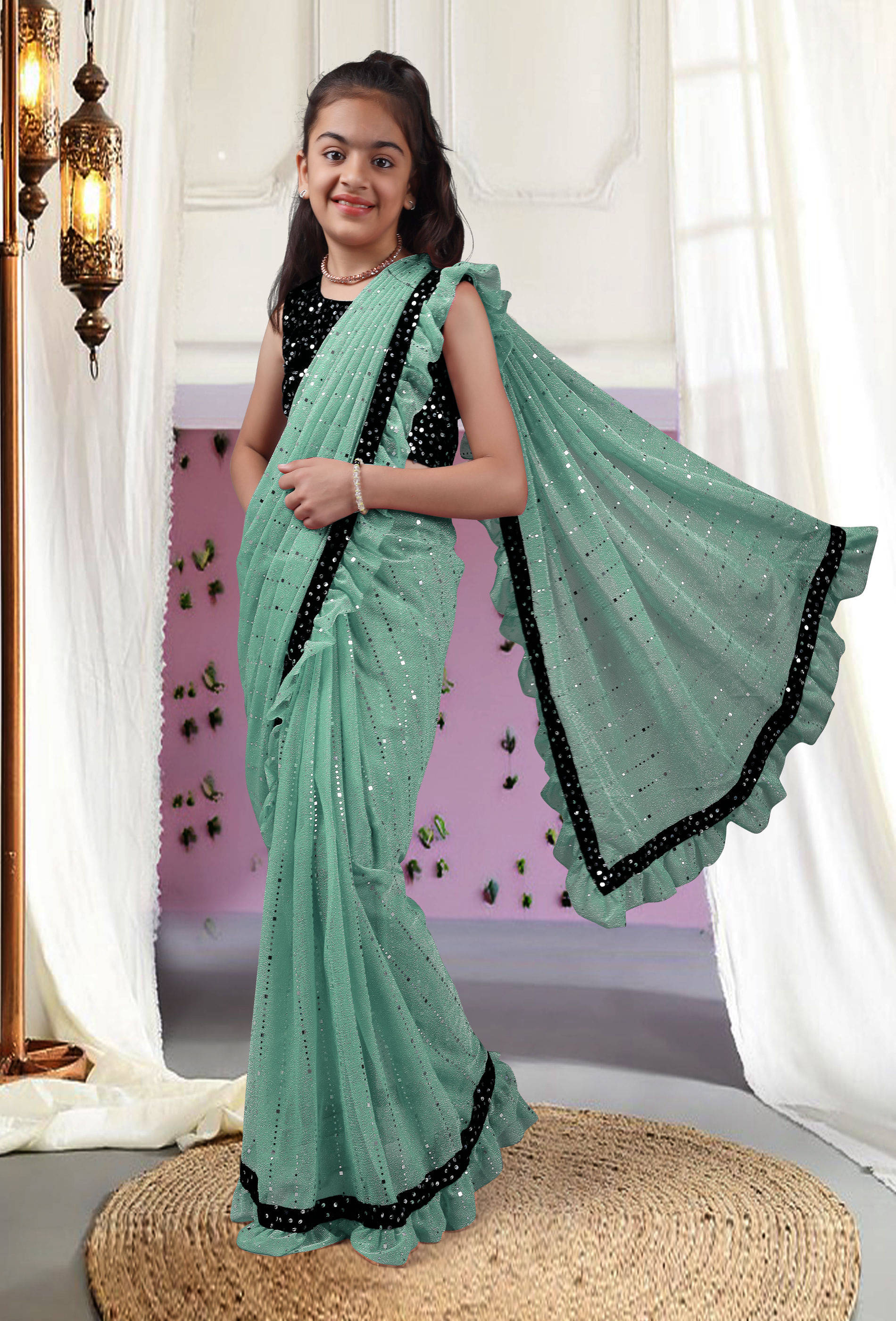     			Nilkanthvarni Creation Silk Ready To Wear Saree For Girls ( Sky Blue , Pack of 1 )