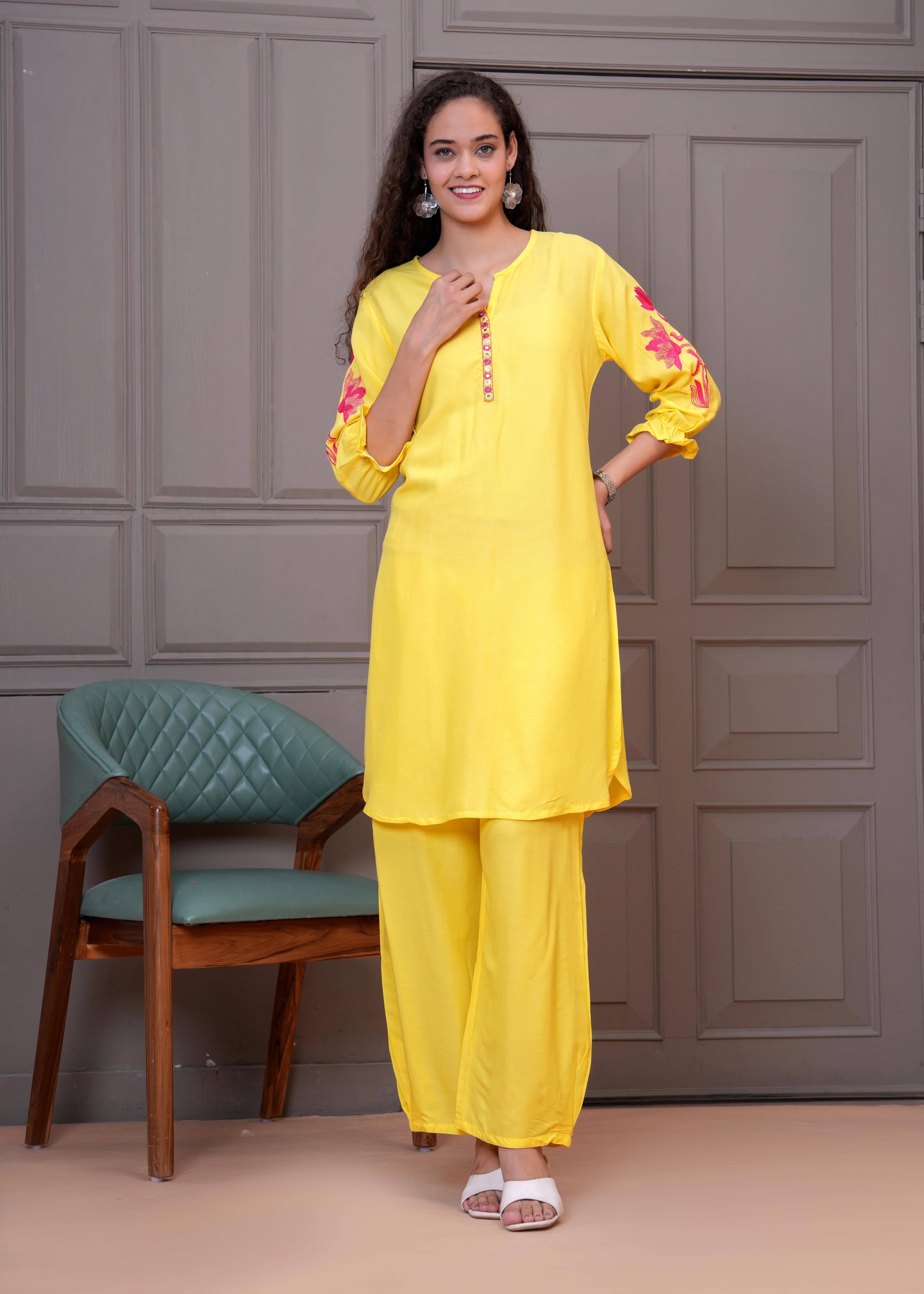 Oh Mi Dios Women Rayon Embroidered Straight Kurti With Pants ( Yellow ) Oh Mi Dios Women Rayon Embroidered Straight Kurti With Pants ( Yellow )