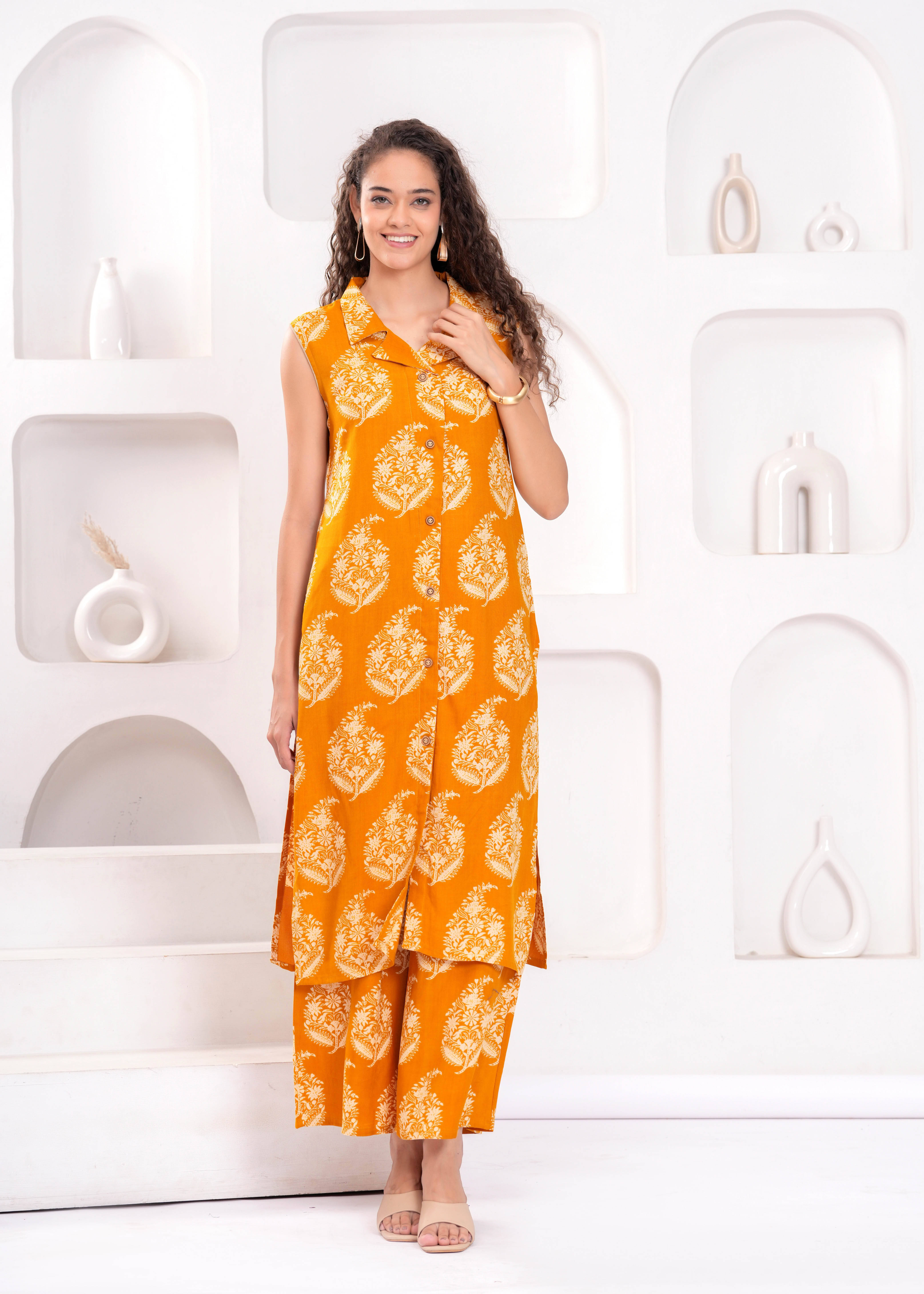 Oh Mi Dios Women Rayon Self Design A-line Kurti With Palazzo ( Mustard ) Oh Mi Dios Women Rayon Self Design A-line Kurti With Palazzo ( Mustard )