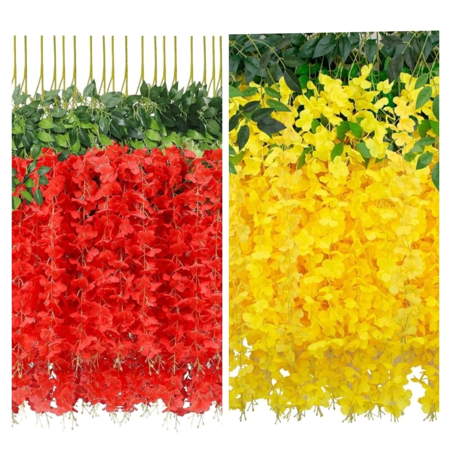     			(Pack of 8) Artificial Red & Yellow Wisteria Hanging Flowers | Wall, Balcony, Wedding & Party Decor | wisteria garland | artificial flower vine | red hanging flowers | home wall decoration flowers | fake flower garland | wedding backdrop flowers