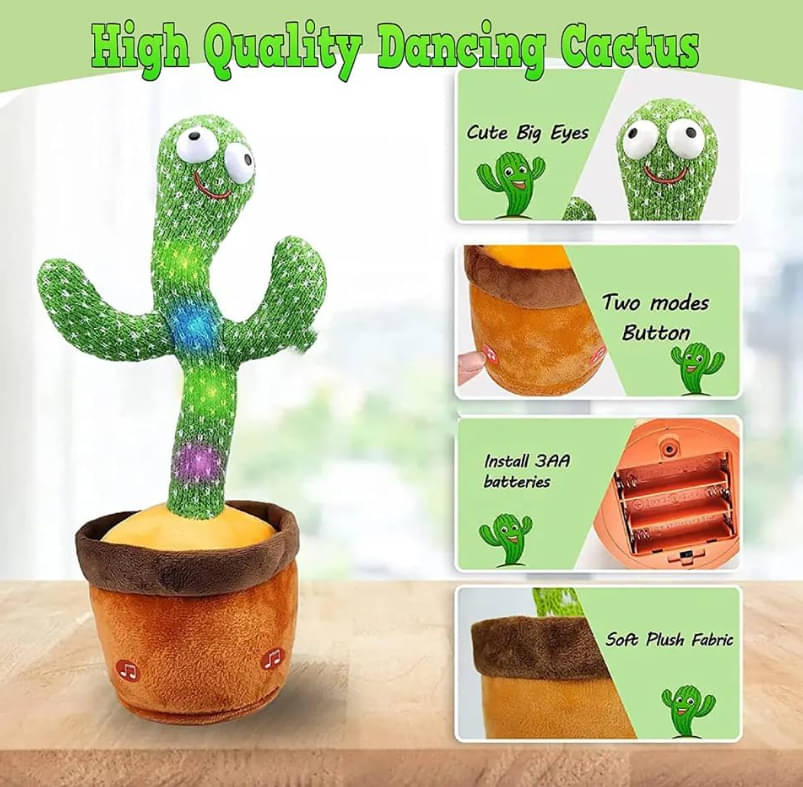     			Rechargeable Dancing Cactus Toy – Interactive Singing & Talking Plush Toy for Kids with Fun Lights, Recording & Repeating Function, USB Cable Included – Ideal Educational & Entertaining Gift
