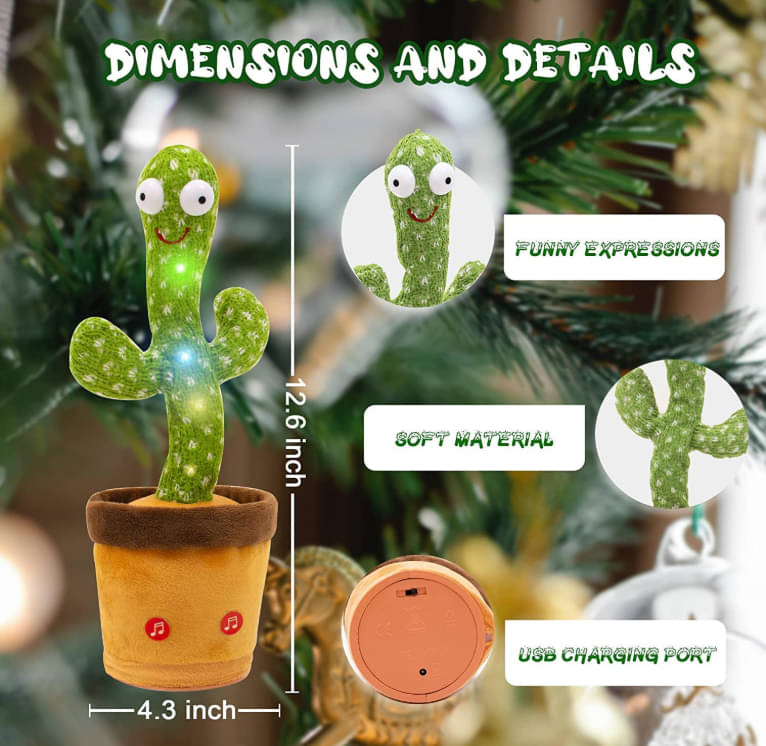     			Rechargeable Dancing Cactus Toy – Interactive Singing & Talking Plush Toy for Kids with Fun Lights, Recording & Repeating Function, USB Cable Included – Ideal Educational & Entertaining Gift