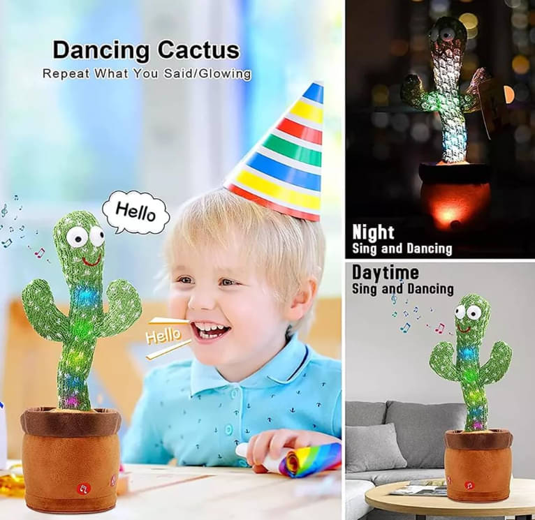     			Rechargeable Dancing Cactus Toy – Interactive Singing & Talking Plush Toy for Kids with Fun Lights, Recording & Repeating Function, USB Cable Included – Ideal Educational & Entertaining Gift