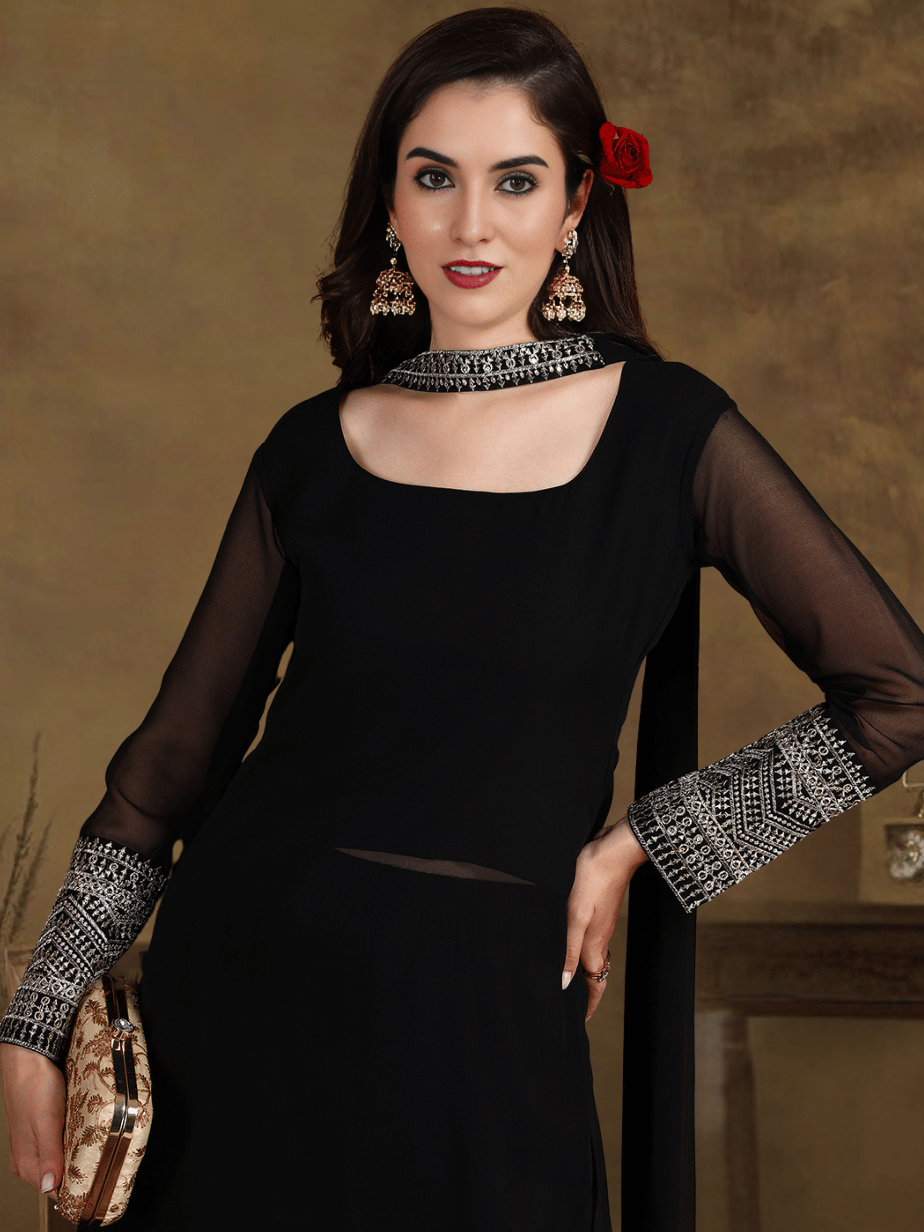     			Royal Export Women Georgette Embroidered Straight Kurti With Salwar ( Black )