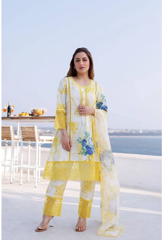 Royal Export Women Viscose Embroidered Straight Kurti With Salwar ( Yellow )