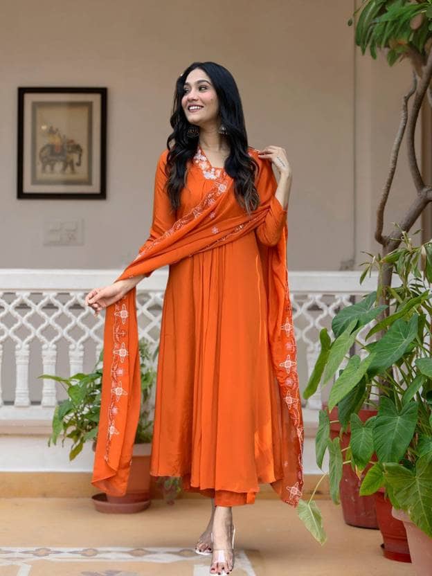 Royal Export Women Viscose Embroidered Straight Kurti With Salwar ( Orange )