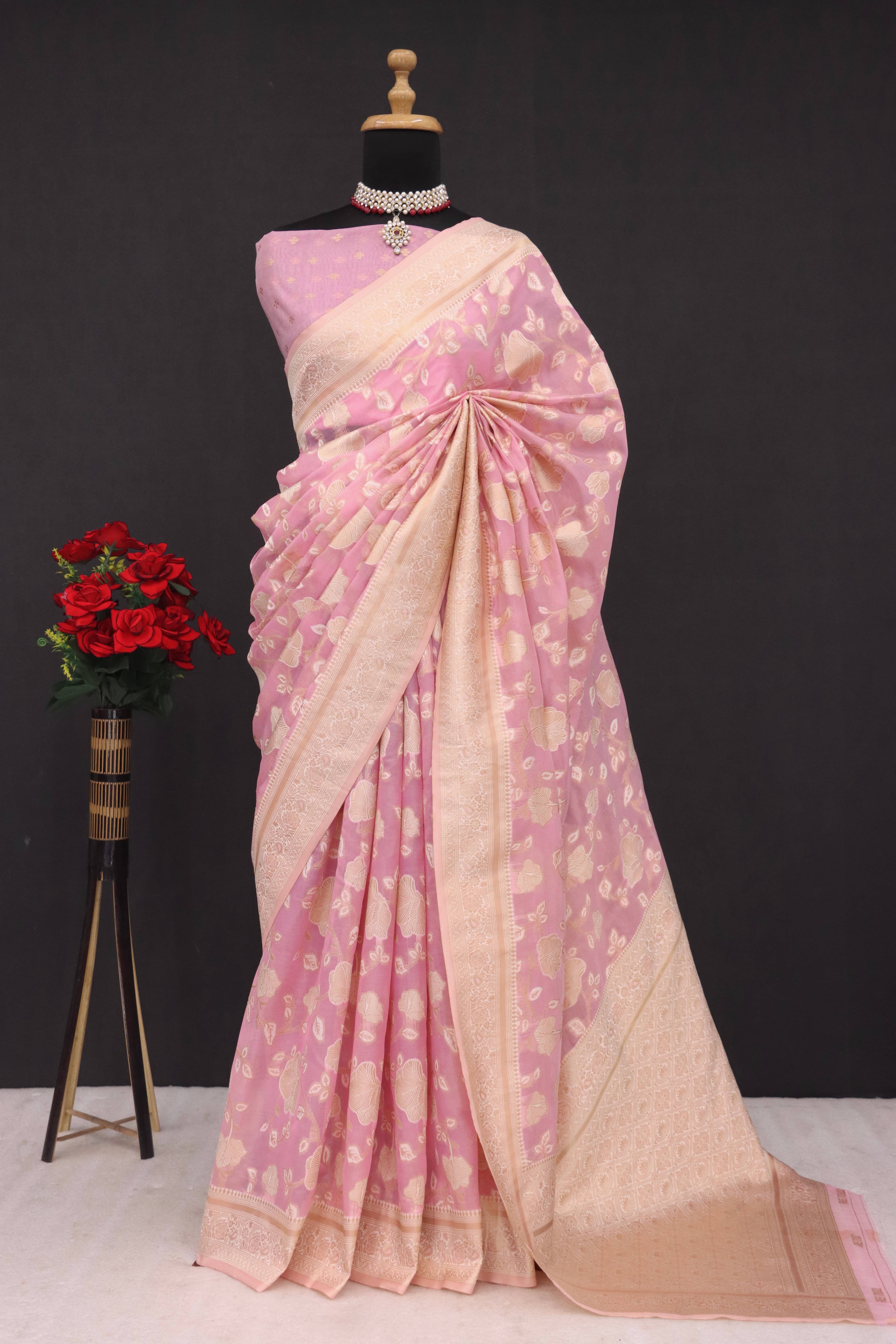 SHIRODHARI Tissue Woven Saree With Unstitched Blouse Piece ( Pink ) SHIRODHARI Tissue Woven Saree With Unstitched Blouse Piece ( Pink )