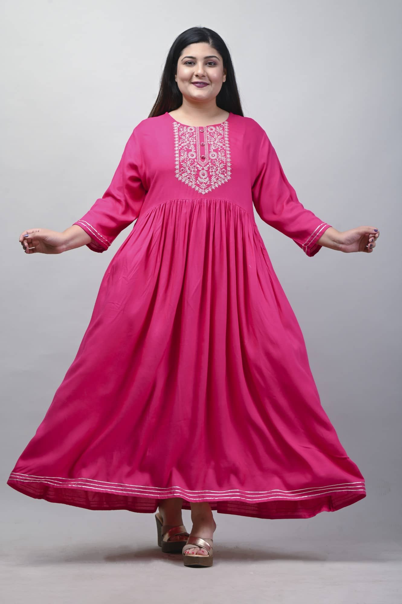 Swasti Women Cotton Blend Flared Stitched Ethnic Gown ( Pink ) - Unstitched Fabrics | Buy online on ZillyBuy