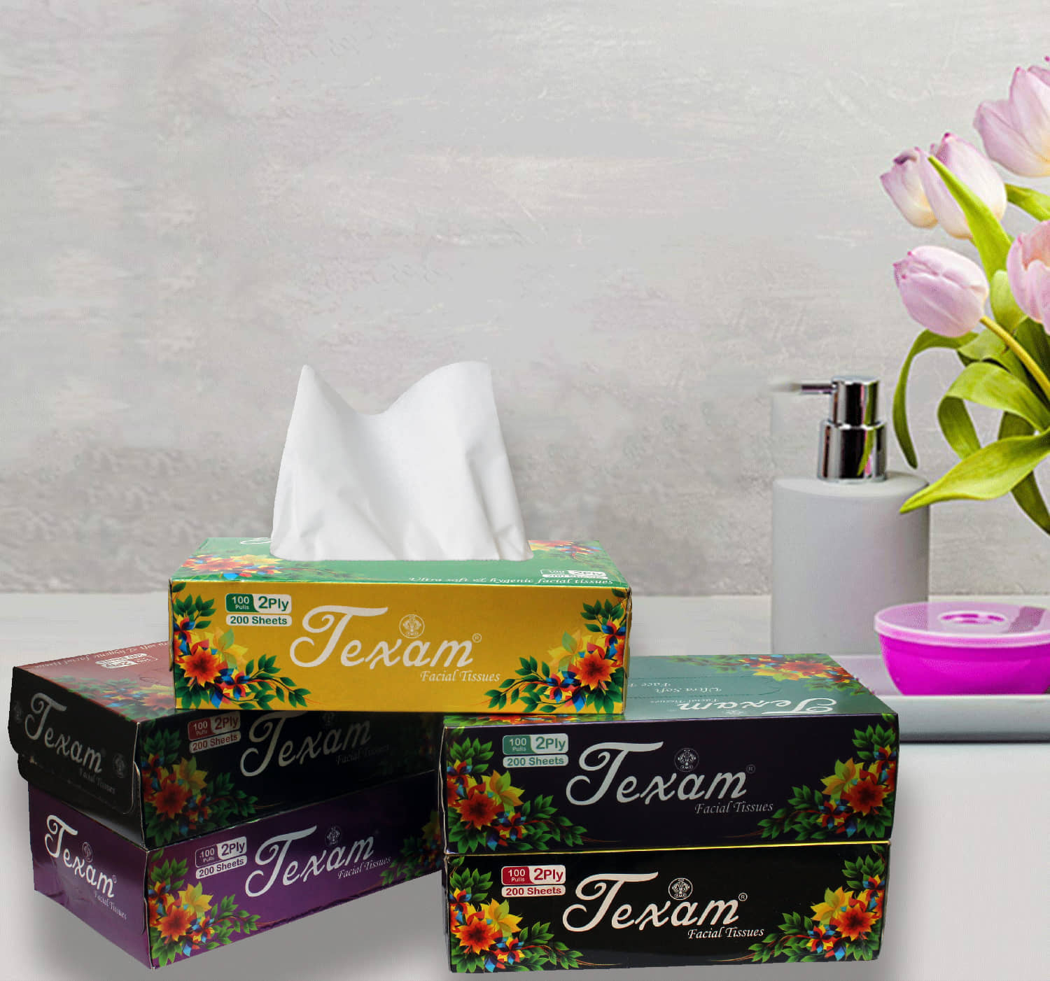 Texam 2 - Ply Facial Tissue Soft Pack – 100 Pulls (Pack of 5) | 100% Virgin Pulp | For Home, Office and Travel