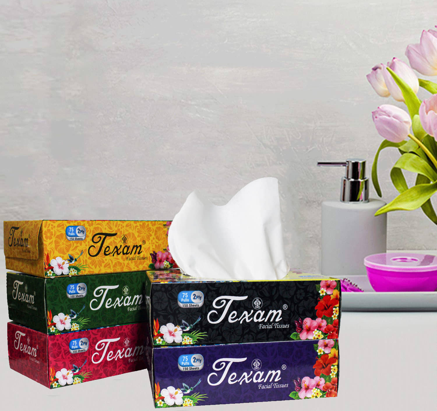 Texam 2 - Ply Facial Tissue Soft Pack – 75 Pulls (Pack of 5) | 100% Virgin Pulp | For Home, Office and Travel