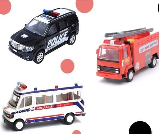     			Toonkiz Combo of 3 Public Service Vehicles (1 Car, 1 Ambulance, 1 Fire Truck) (Multicolor, Pack of: 3)