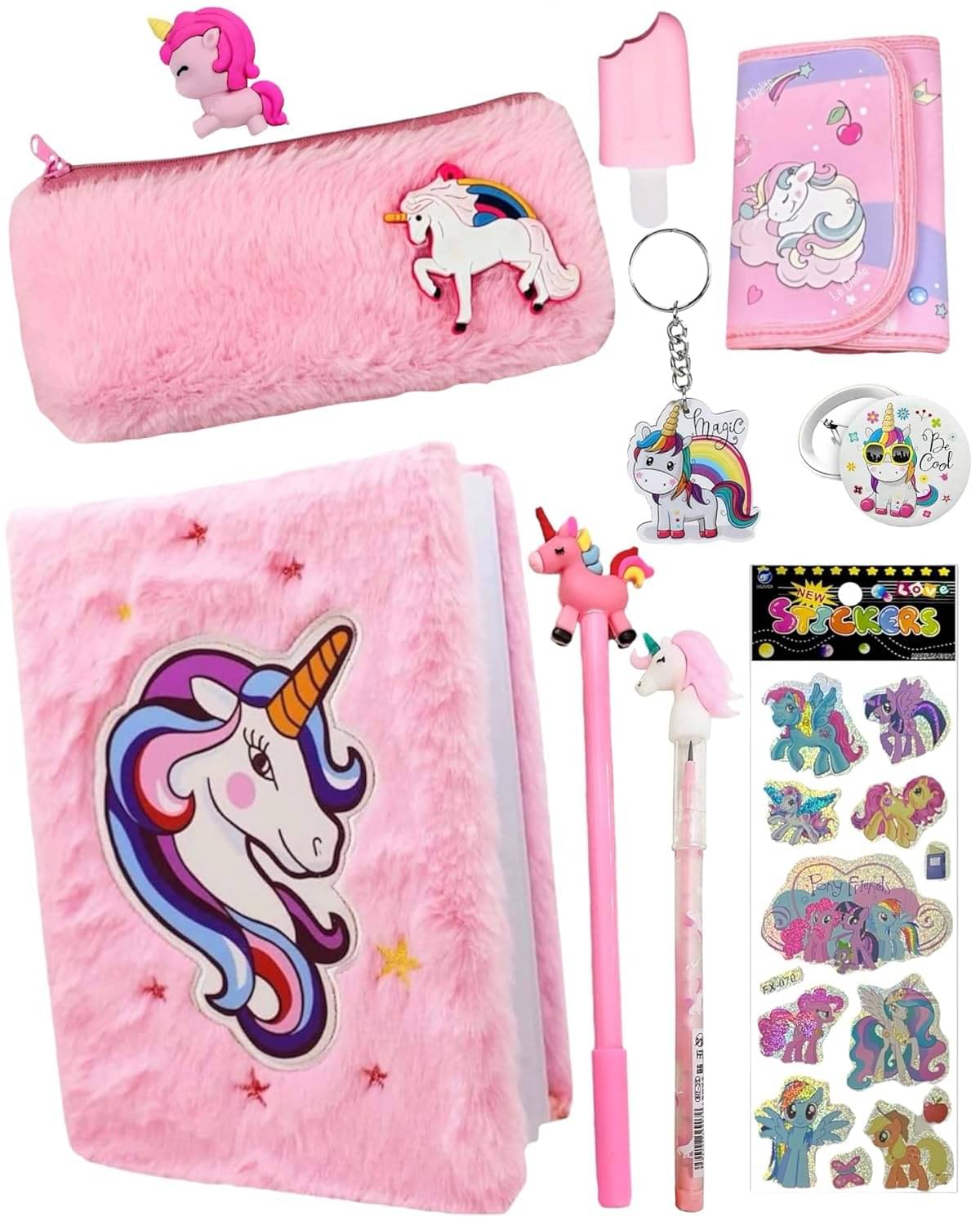     			Unicorn Fur Diary for Girls (Pack of 10 Items) - Furry Notebook with Pencil Pouch, Pen, Bullet Pencil, Eraser, Mini Diary, Keychain, Badge, Highlighter & Stickers | Super Saver Combo Gift