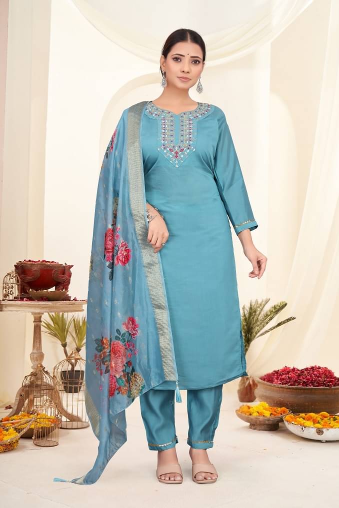     			VRUGAM Women Rayon Embellished A-line Kurti With Pants ( Aqua Blue )