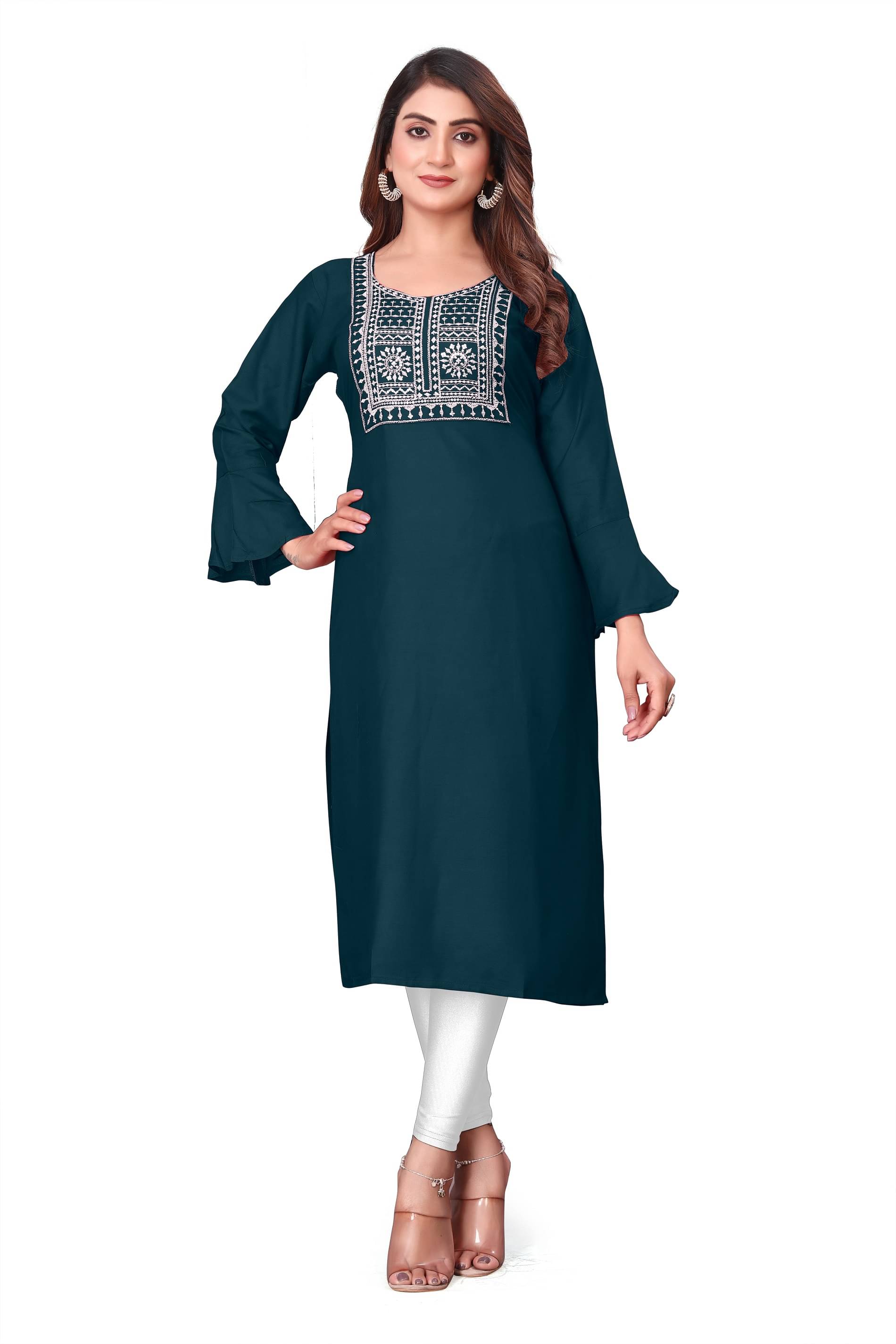 VRUGAM Women Rayon Embroidered A-line Kurti ( Blue ) VRUGAM Women Rayon Embroidered A-line Kurti ( Blue )