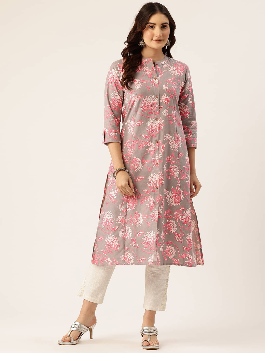     			feranoid Women Cotton Printed A-line Kurti ( Grey )