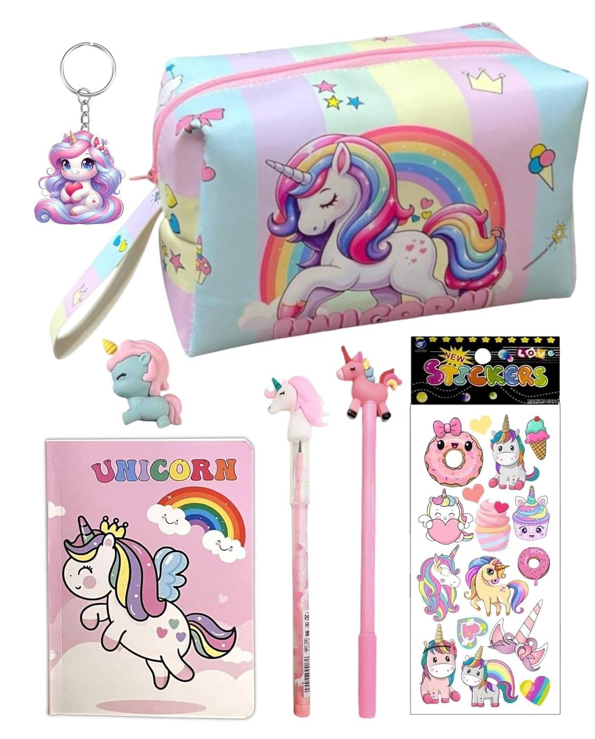 unicorn big size multi utility storage stationary pouch with cute mini diary & stationary supplies for school girls kids (combo pack of 7 items) (rainbow) unicorn big size multi utility storage stationary pouch with cute mini diary & stationary supplies for school girls kids (combo pack of 7 items) (rainbow)