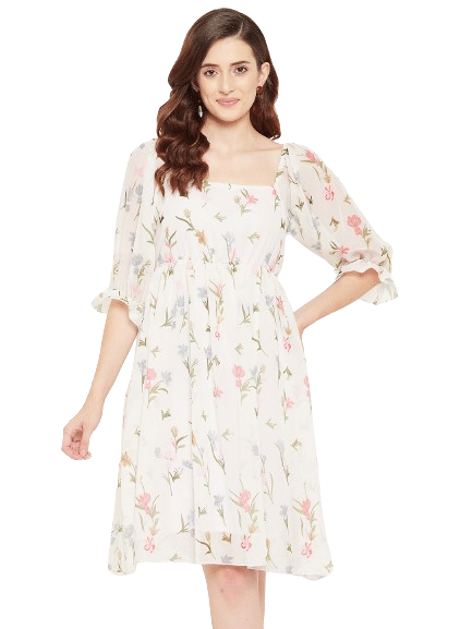     			Bitterlime Women Georgette Printed Fit & Flare Dress ( White )