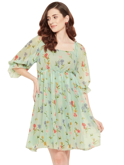     			Bitterlime Women Georgette Printed Fit & Flare Dress ( Green )