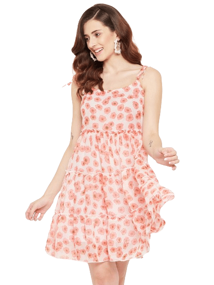 Bitterlime Women Georgette Printed Fit & Flare Dress ( Peach ) Bitterlime Women Georgette Printed Fit & Flare Dress ( Peach )