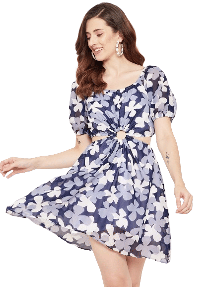    			Bitterlime Women Georgette Printed Fit & Flare Dress ( Blue )