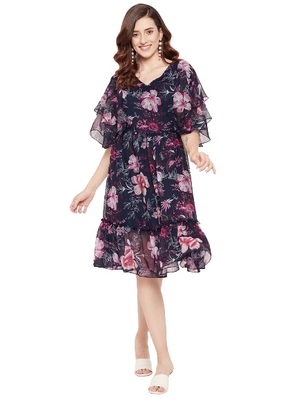     			Bitterlime Women Georgette Printed Fit & Flare Dress ( Navy Blue )
