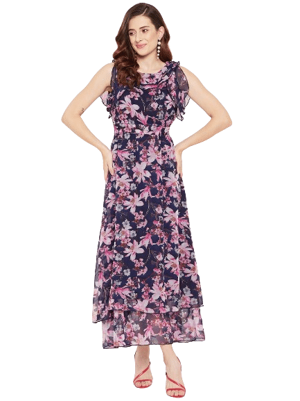     			Bitterlime Women Georgette Printed Fit & Flare Dress ( Navy Blue )