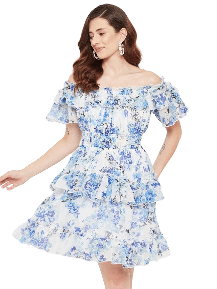 Bitterlime Women Georgette Printed Fit & Flare Dress ( Blue ) Bitterlime Women Georgette Printed Fit & Flare Dress ( Blue )