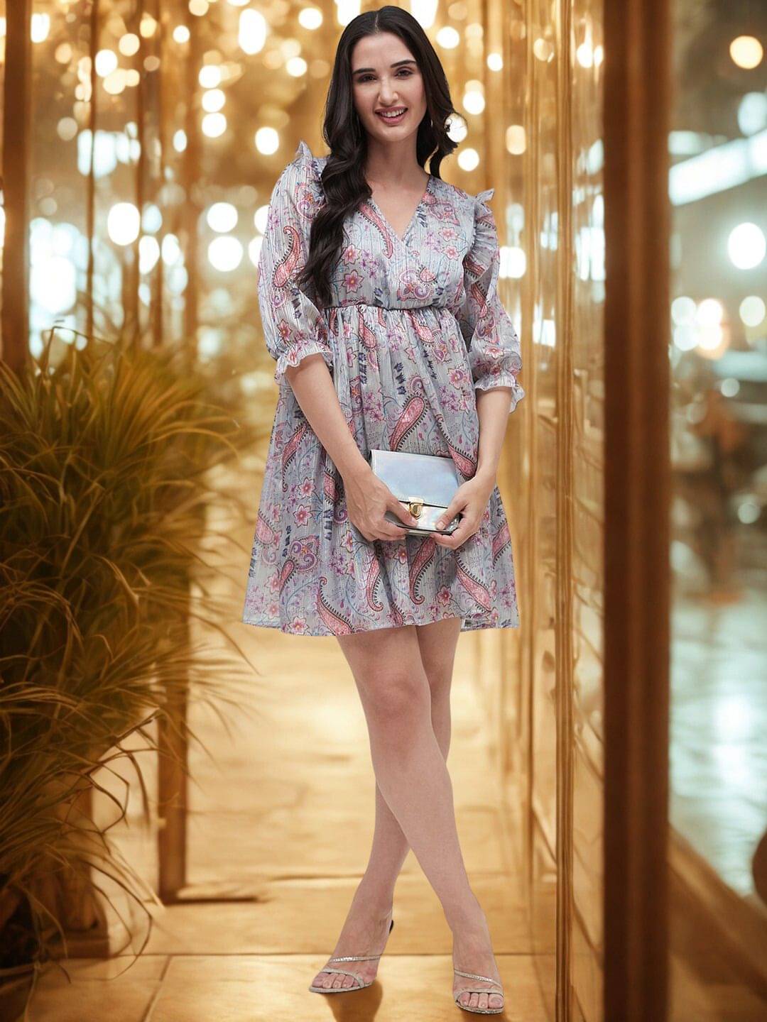 Bitterlime Women Polyester Printed Fit & Flare Dress ( Grey ) Bitterlime Women Polyester Printed Fit & Flare Dress ( Grey )