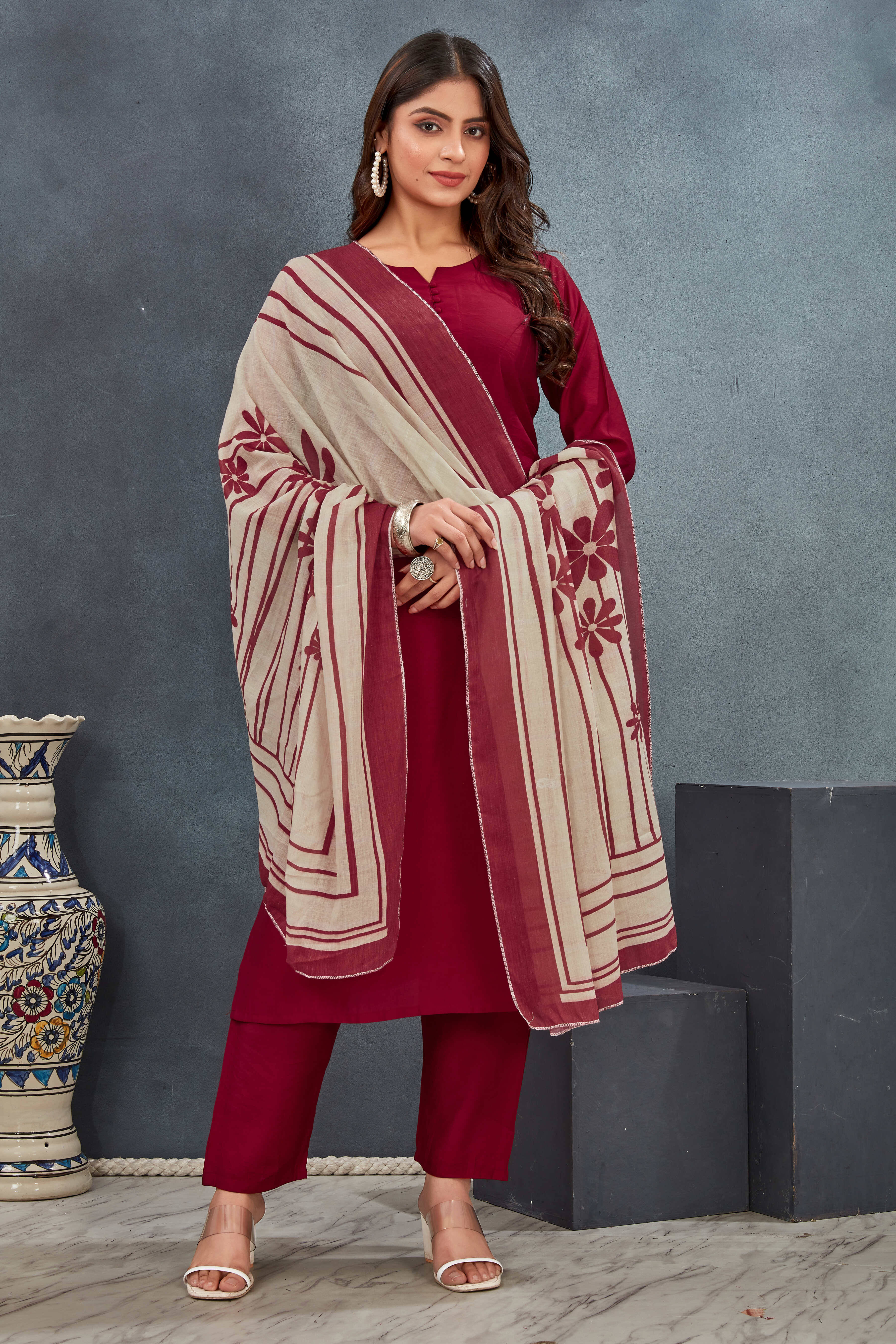     			Fashionfricks Women Silk Self Design Straight Kurti With Pants ( Red )