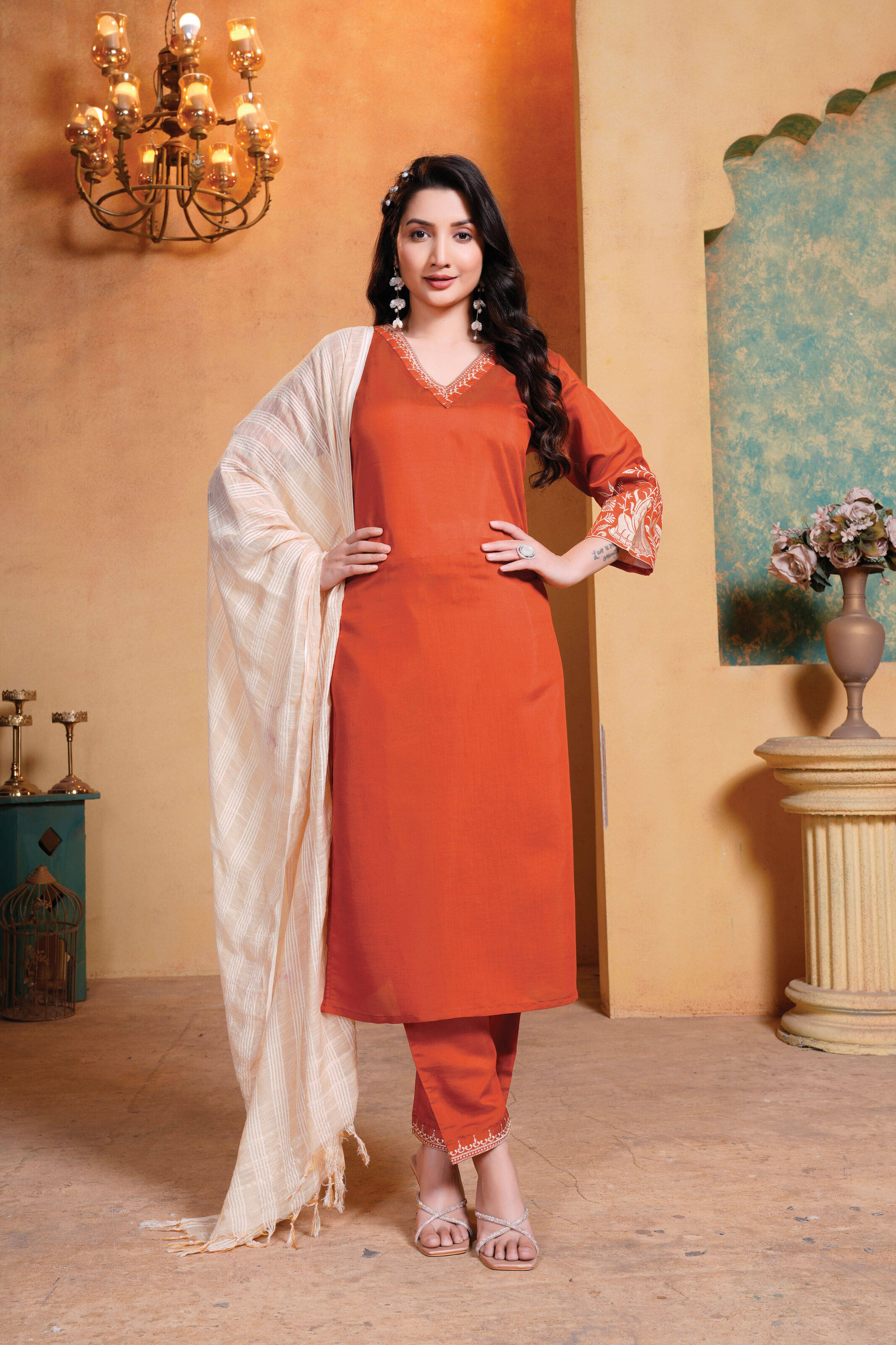 Fashionfricks Women Silk Self Design Straight Kurti With Pants ( Orange ) Fashionfricks Women Silk Self Design Straight Kurti With Pants ( Orange )