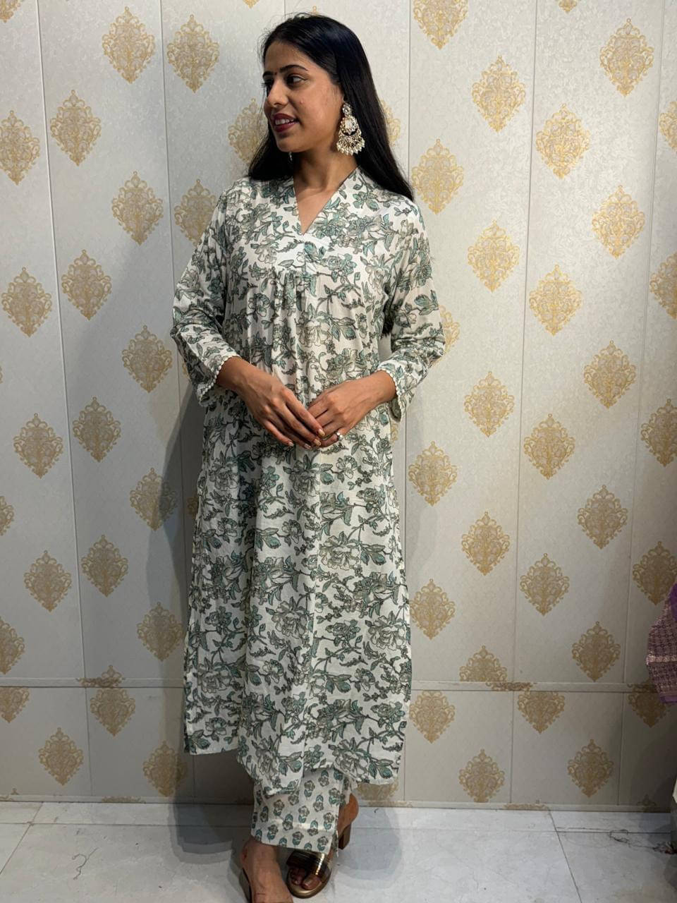 KAMLA ARTS Women Cotton Embellished A-line Kurti With Pants ( Grey ) KAMLA ARTS Women Cotton Embellished A-line Kurti With Pants ( Grey )