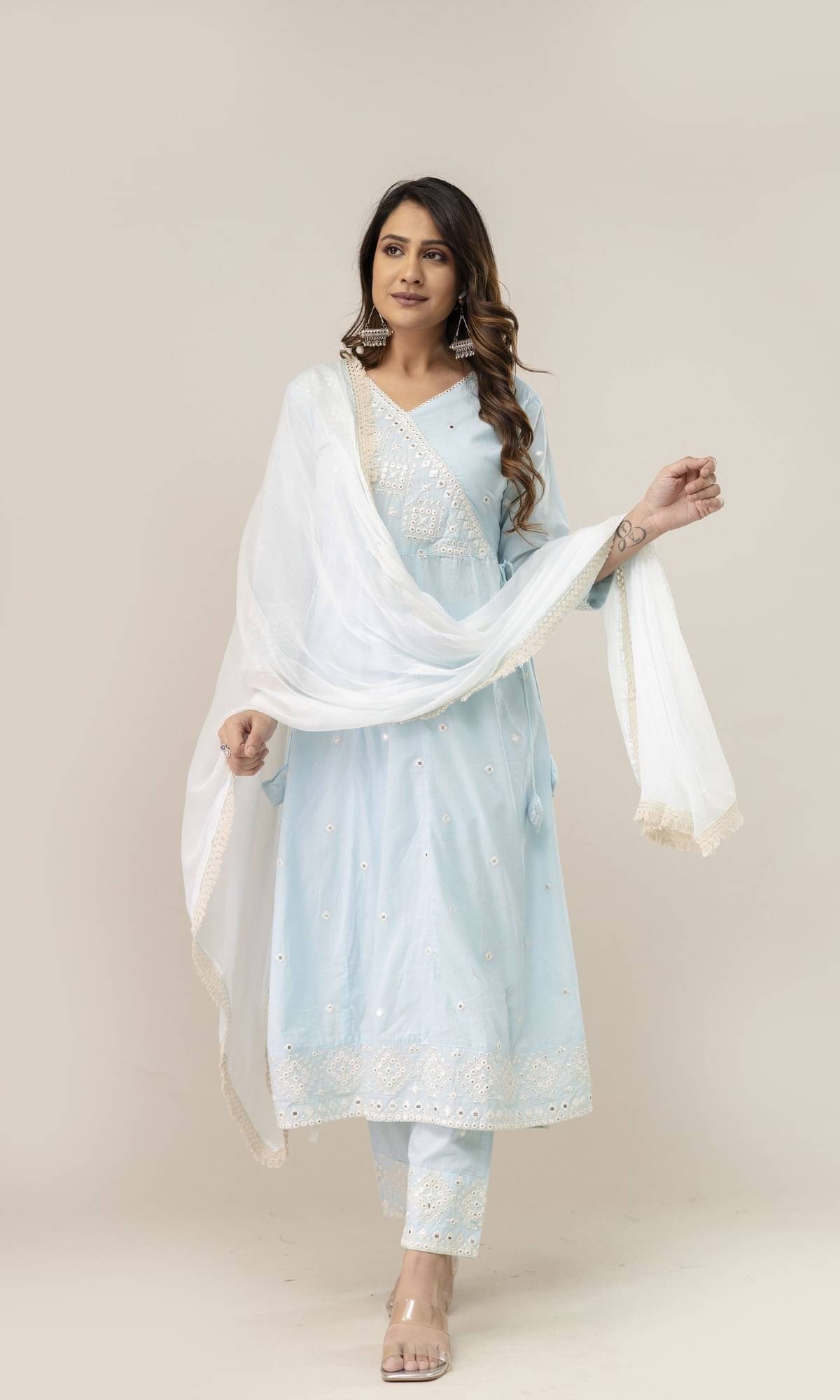KAMLA ARTS Women Cotton Embroidered Anarkali Kurti With Pants ( Blue ) KAMLA ARTS Women Cotton Embroidered Anarkali Kurti With Pants ( Blue )