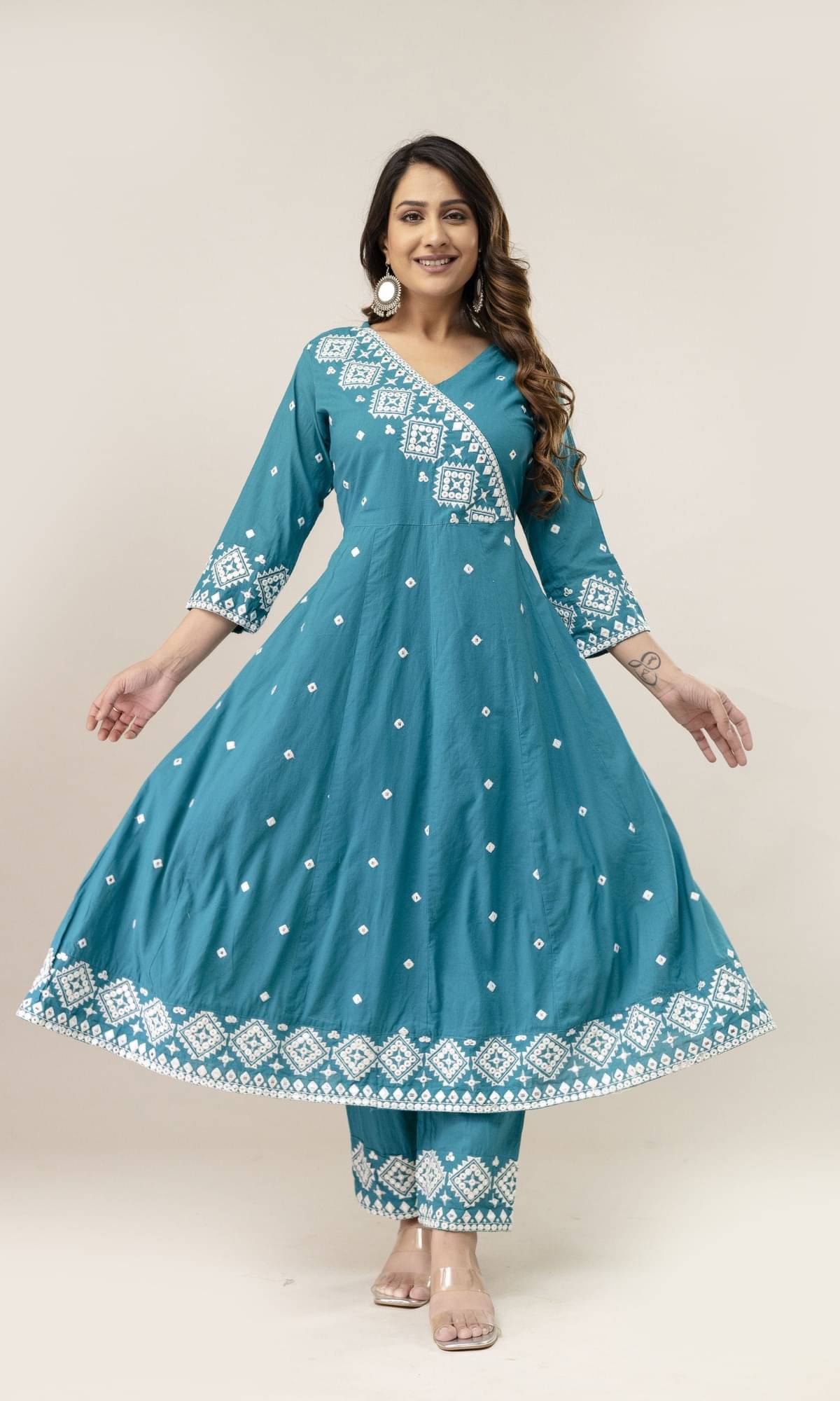     			KAMLA ARTS Women Cotton Embroidered Flared Kurti With Pants ( Blue )