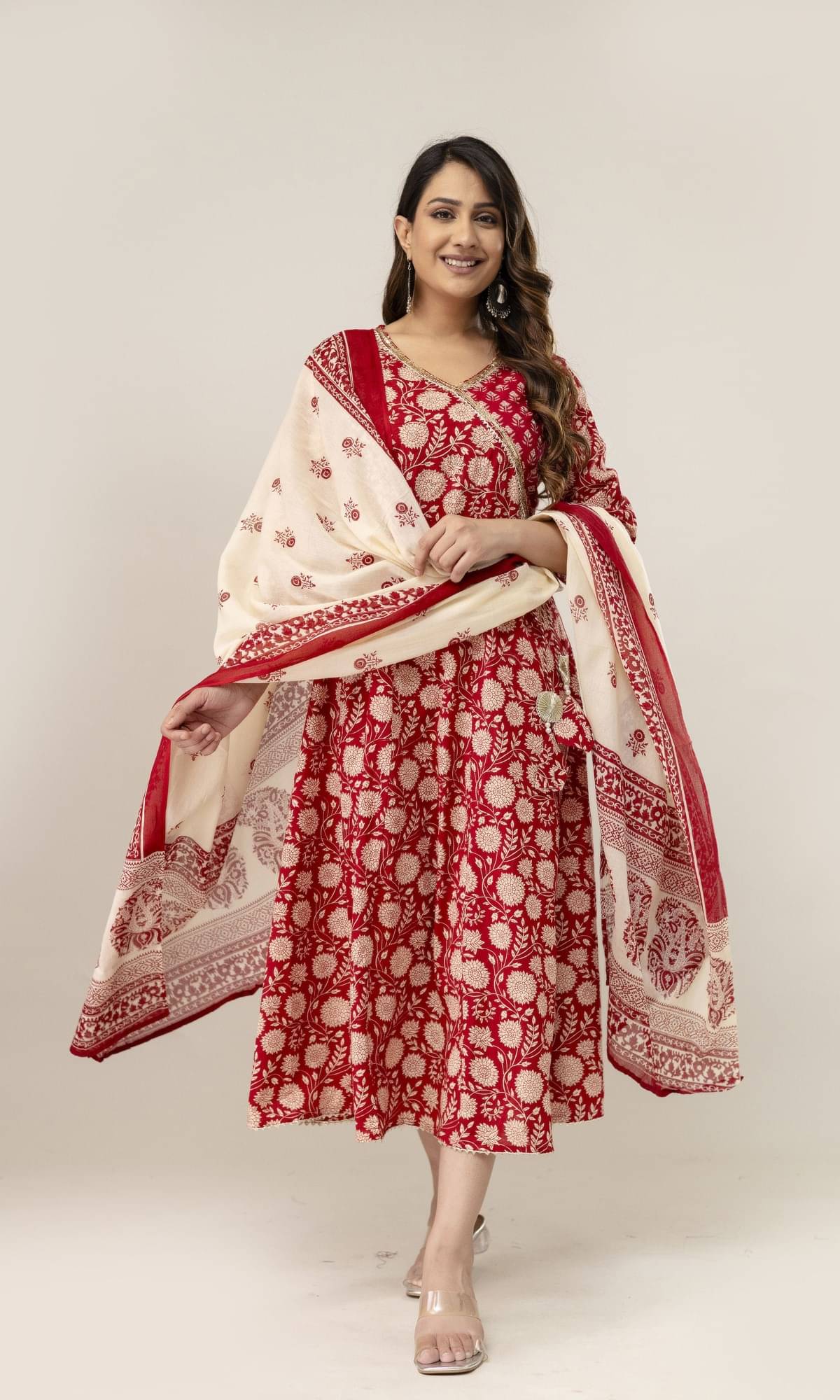 KAMLA ARTS Women Cotton Printed A-line Kurti With Pants ( Red ) KAMLA ARTS Women Cotton Printed A-line Kurti With Pants ( Red )