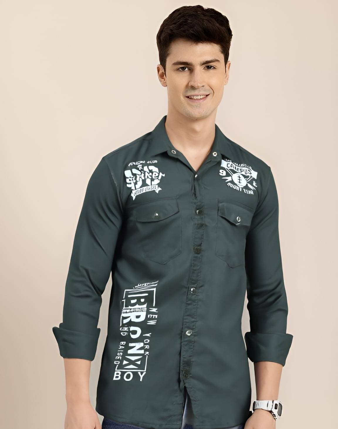     			NEW-18 Cotton Blend Regular Fit Printed Full Sleeves Men's Casual Shirt - Dark Grey ( Pack of 1 )