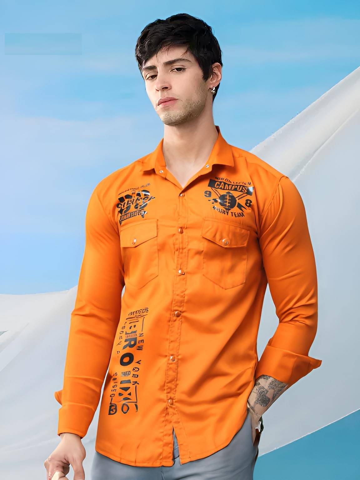NEW-18 Cotton Blend Regular Fit Printed Full Sleeves Men's Casual Shirt - Orange ( Pack of 1 ) NEW-18 Cotton Blend Regular Fit Printed Full Sleeves Men's Casual Shirt - Orange ( Pack of 1 )