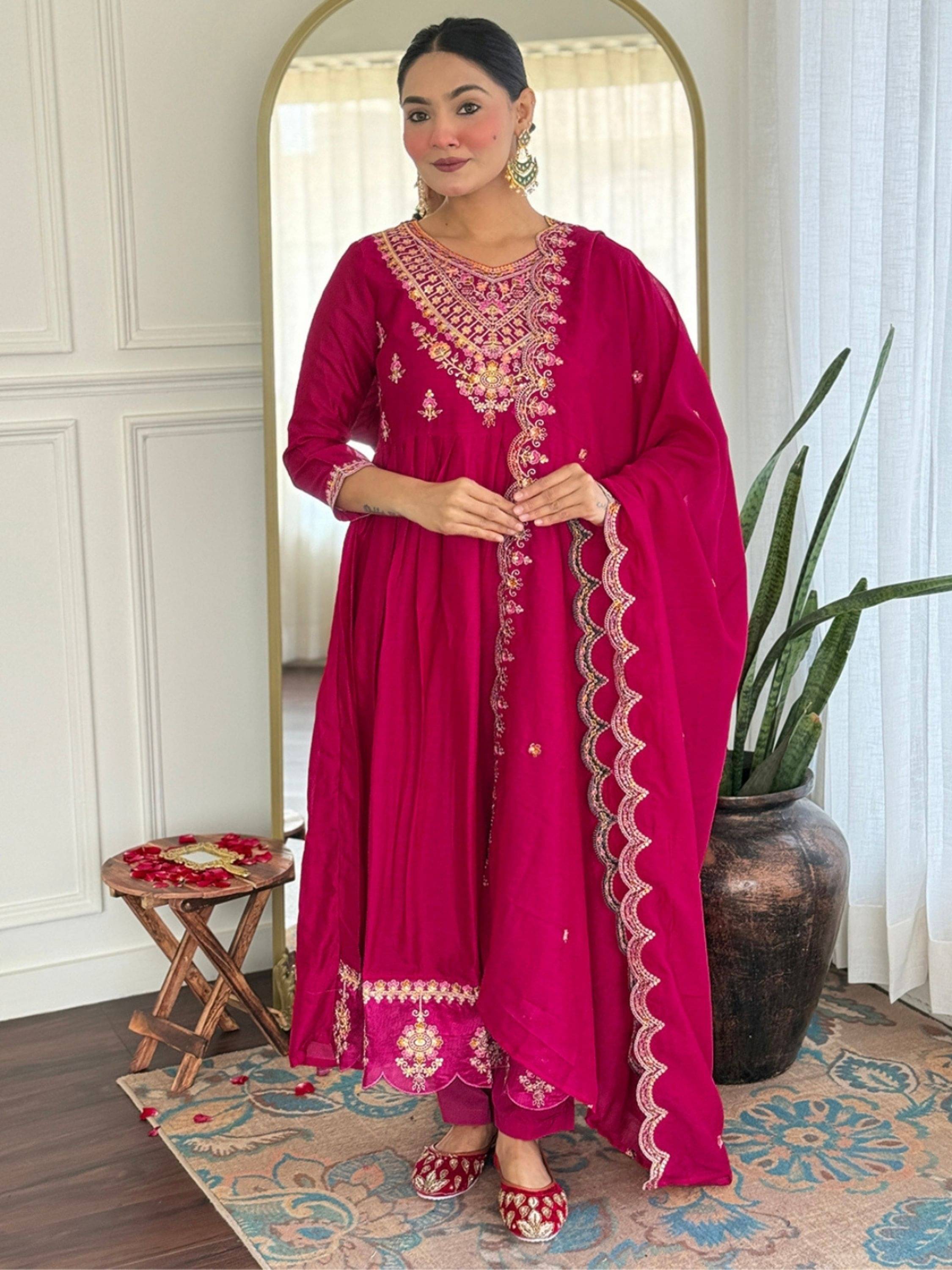     			Niza Fashion Women Silk Embroidered Straight Kurti With Pants ( Pink )