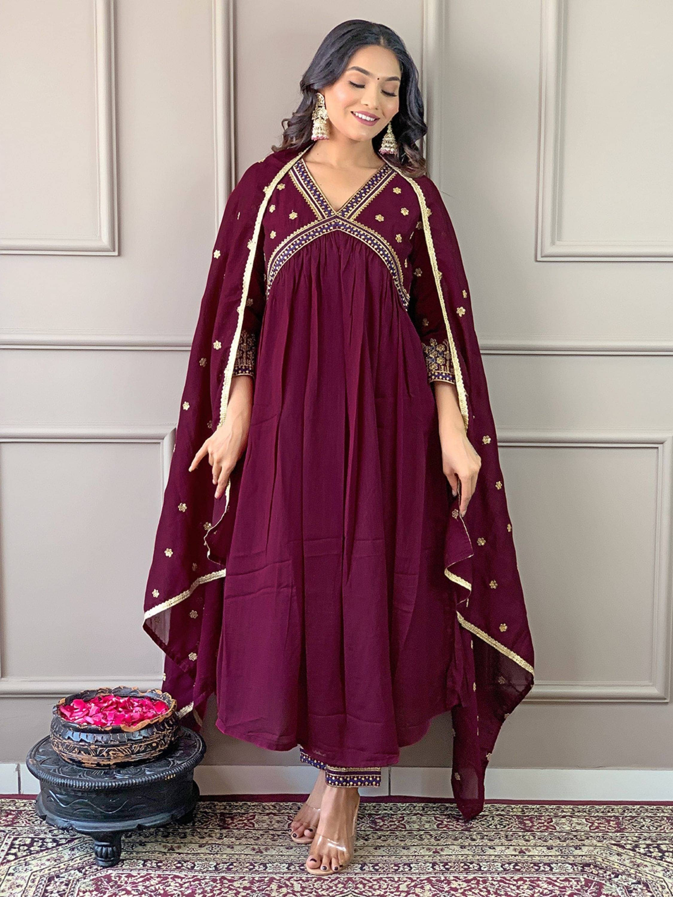 Niza Fashion Women Silk Embroidered Straight Kurti With Pants ( Wine ) Niza Fashion Women Silk Embroidered Straight Kurti With Pants ( Wine )