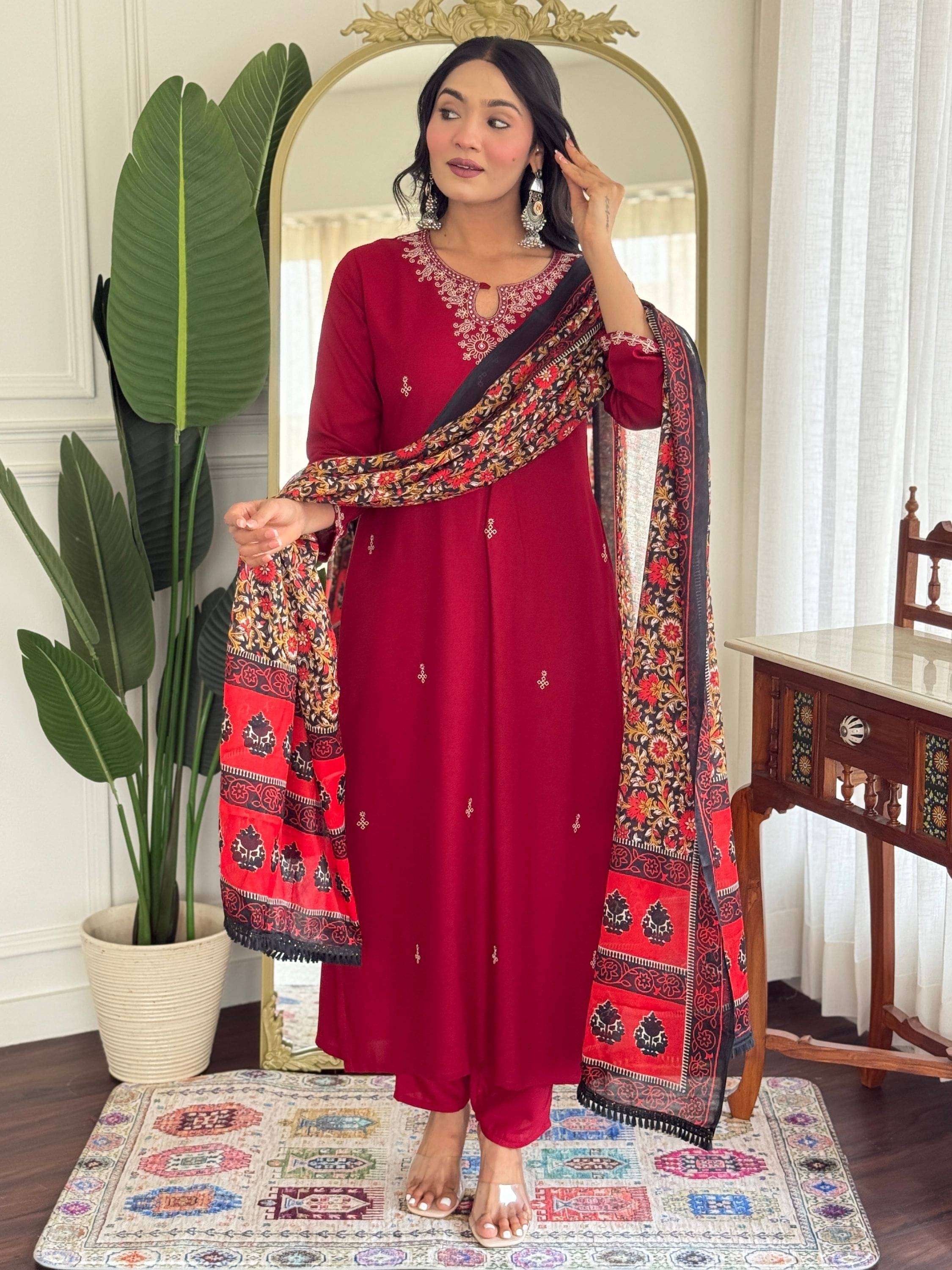 Niza Fashion Women Viscose Embroidered Straight Kurti With Pants ( Maroon ) Niza Fashion Women Viscose Embroidered Straight Kurti With Pants ( Maroon )