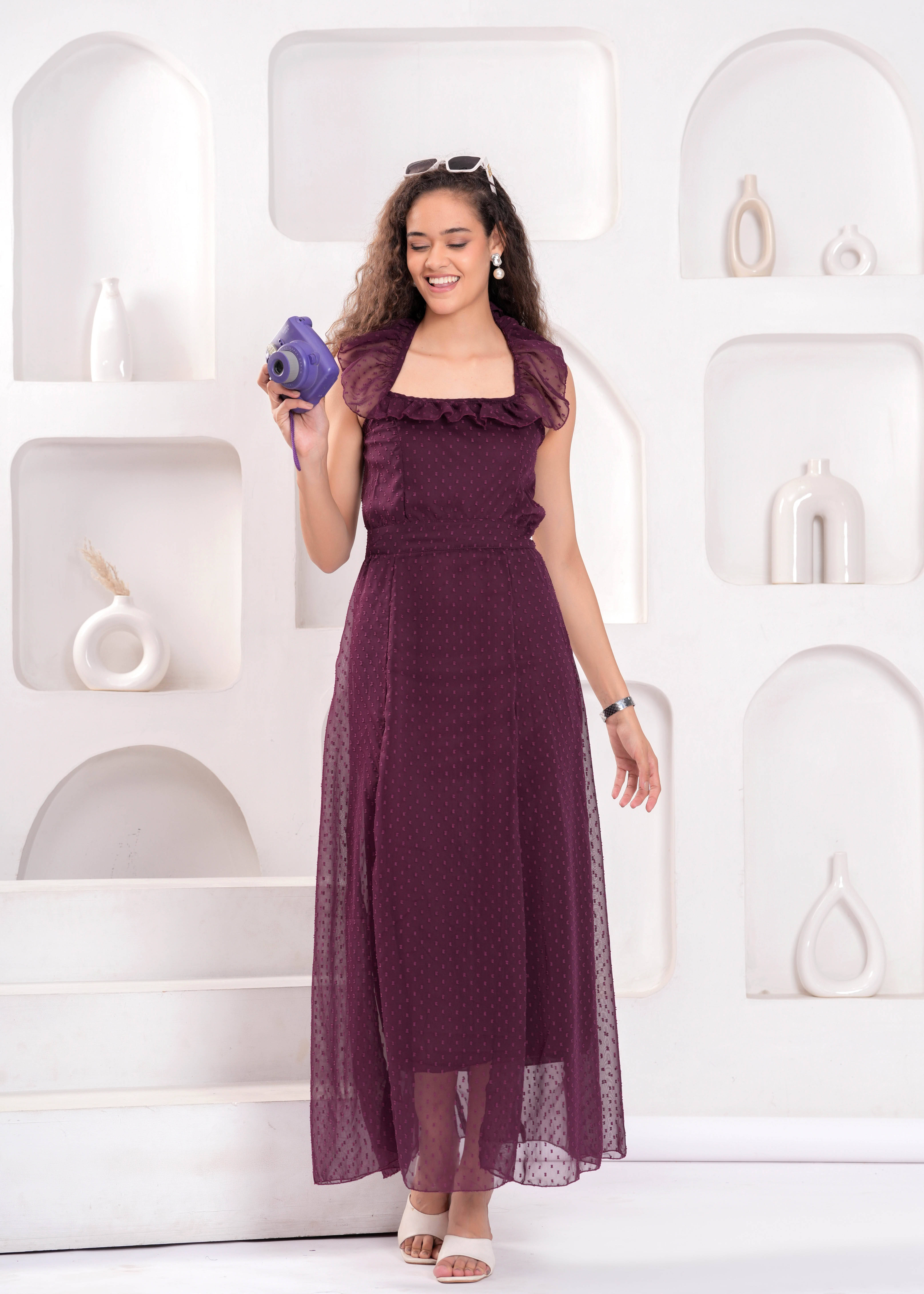     			Oh Mi Dios Women Georgette Solid Fit & Flare Dress ( Maroon )