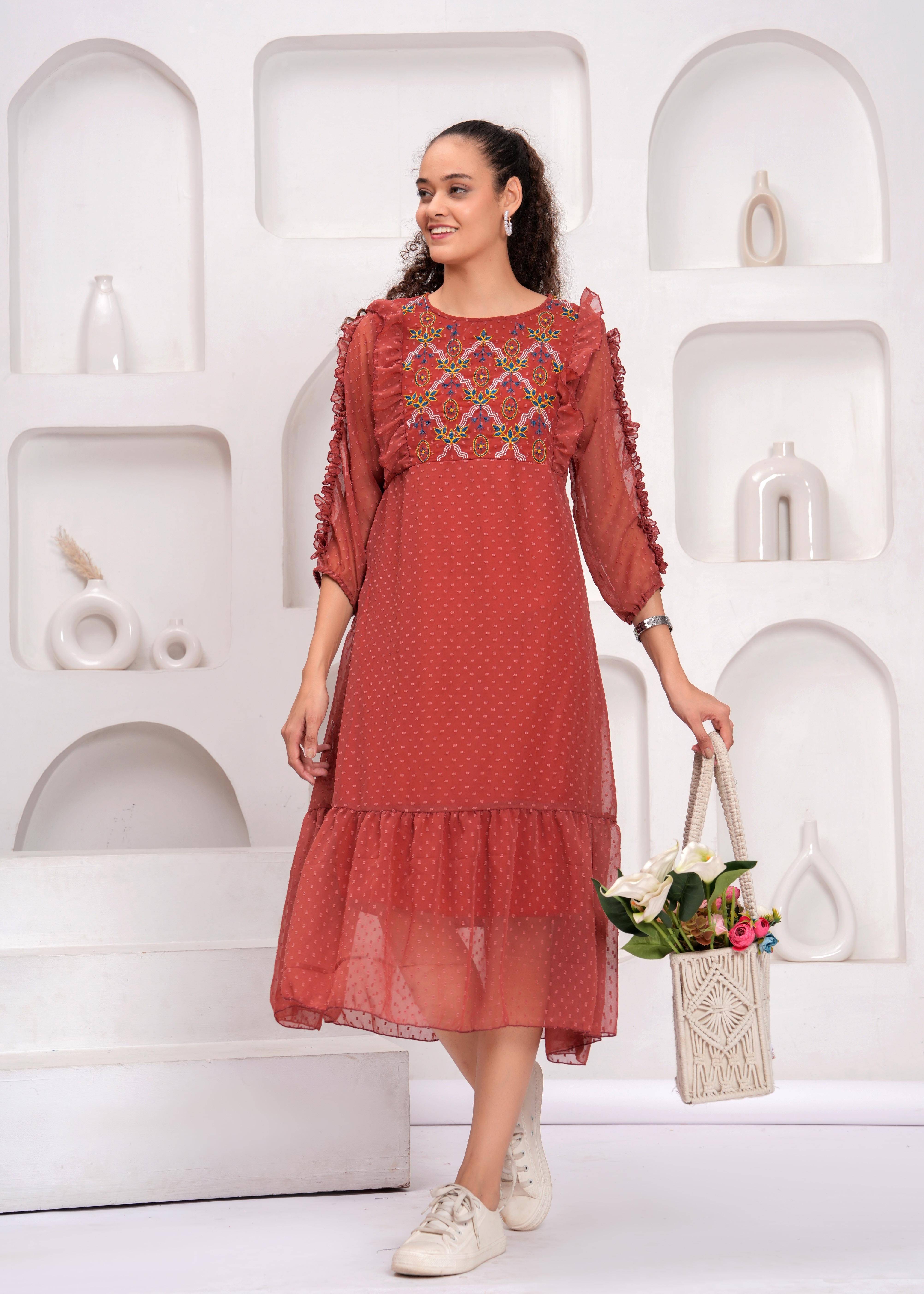 Oh Mi Dios Women Georgette Embroidered Fit & Flare Dress ( Brown ) Oh Mi Dios Women Georgette Embroidered Fit & Flare Dress ( Brown )