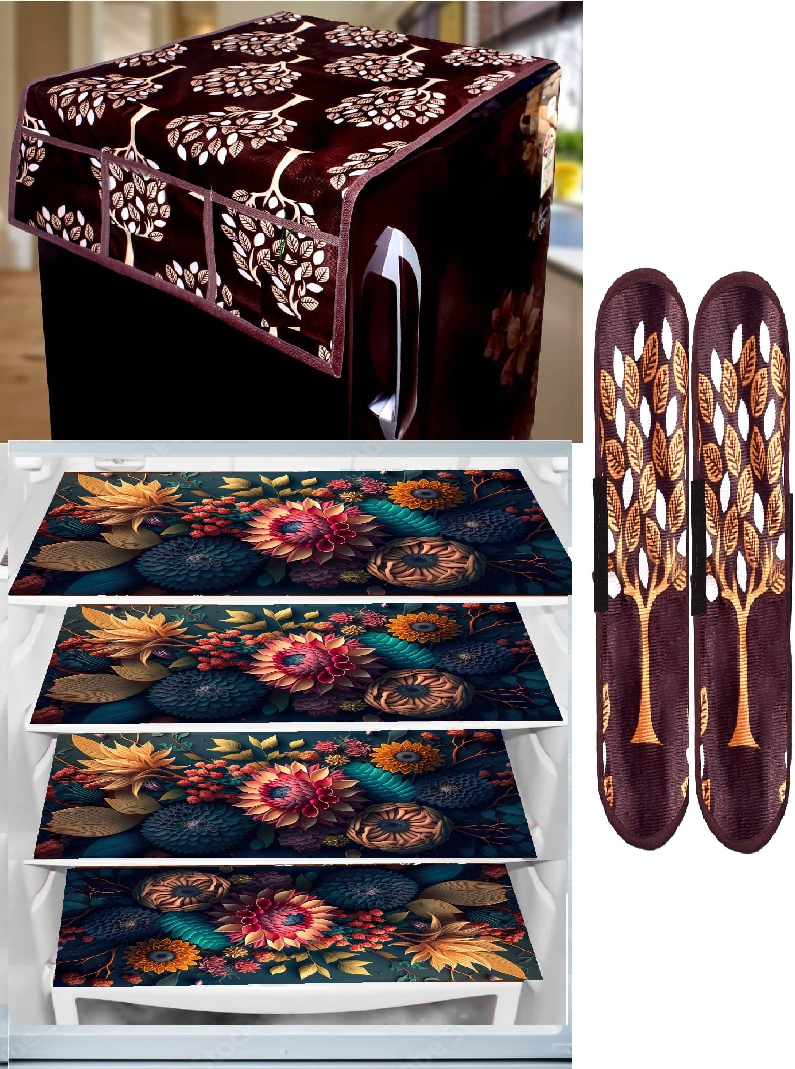 Sanraksshan PVC Floral Fridge Mat & Cover ( 40 30 ) Pack of 7 - Multicolor